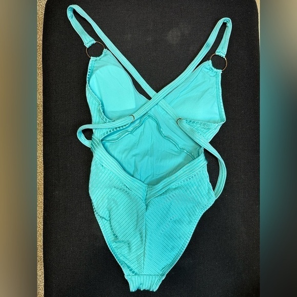 Robin Piccone Yasmine One-piece Swimsuit - Aqua Teal Plunge Silver Ribbed Size 2 - Picture 4 of 12
